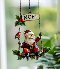 A cute Christmas-themed metal ornament featuring Santa Claus on a swing, holding the word "NOEL" in his hand.