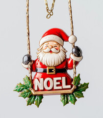 A cute Christmas-themed metal ornament featuring Santa Claus on a swing, holding the word "NOEL" in his hand.