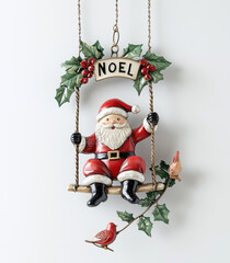 A cute Christmas-themed metal ornament featuring Santa Claus on a swing, holding the word "NOEL" in his hand.