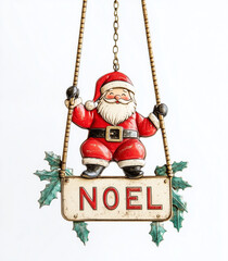 A cute Christmas-themed metal ornament featuring Santa Claus on a swing, holding the word "NOEL" in his hand.
