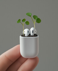 An AirPod with tiny sprouts growing from it, held in the hand of a person who looks delighted to see them blooming.Minimal creative technologilac advertise concept.Copy space,flat lay