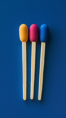 Naklejka premium Matchsticks in rainbow colors are set against a blue background, captured in macro photography.