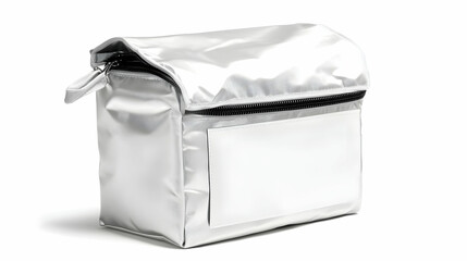 Silver insulated zippered bag with blank label, isolated on white background.