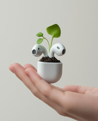 An AirPod with tiny sprouts growing from it, held in the hand of a person who looks delighted to see them blooming.Minimal creative technologilac advertise concept.Copy space,flat lay