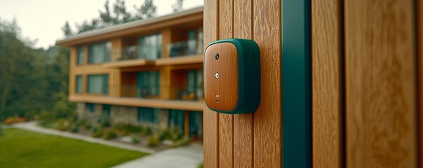 Smart home security device installation modern apartment complex technology showcase urban environment close-up view innovation concept