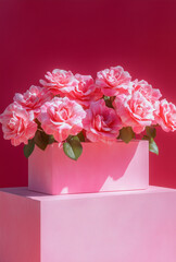 A pink rose on top of the gift box.Copy space,flat lay .