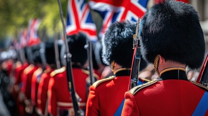 British Guardsmen in Red Uniforms Marching in Parade