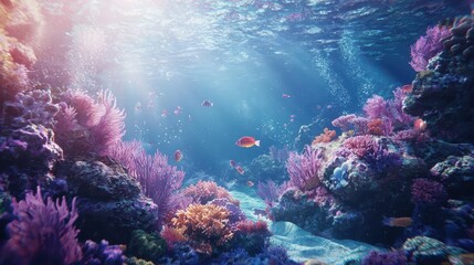 A vibrant underwater scene showcasing colorful corals and fish illuminated by sunlight filtering through the water.