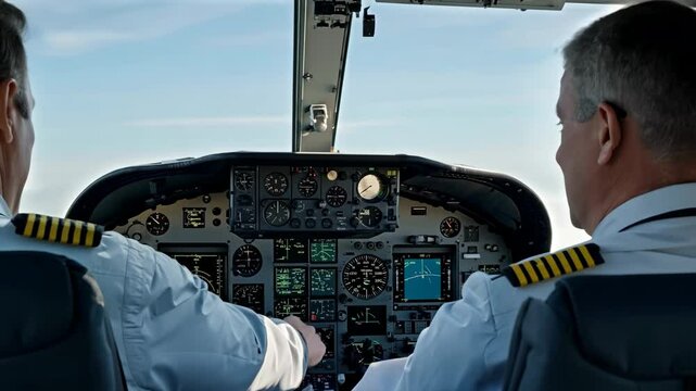 Pilots working together seamlessly in a cockpit during flight, illustrating the concepts of teamwork, concentration, and dedicated focus vital for successful aviation operations and safety