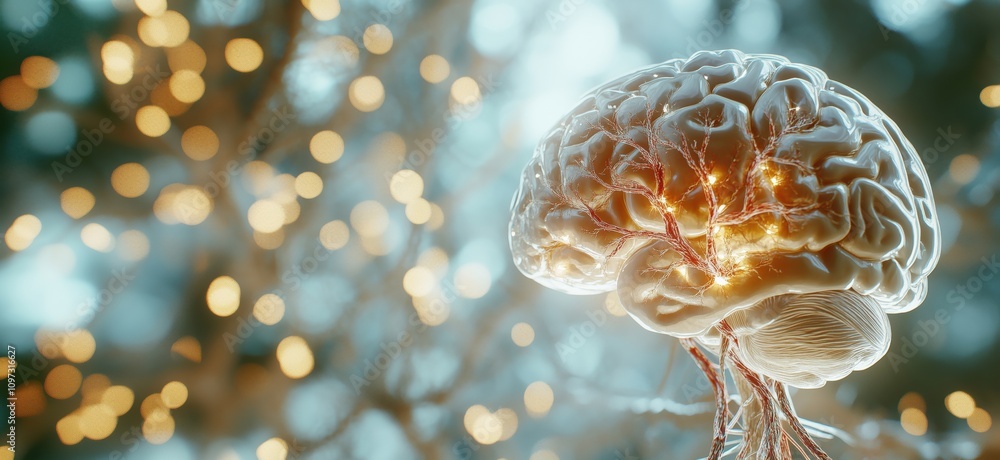 Poster brain illuminated with neural connections and glowing lights, intricate details of neural pathways, 