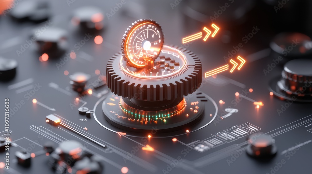 Poster futuristic gear mechanism with dynamic light effects representing technology and innovation in a hig
