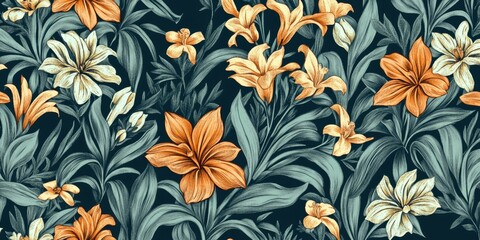 A vibrant floral pattern featuring orange and white lilies against a dark backdrop, creating a striking and elegant design.