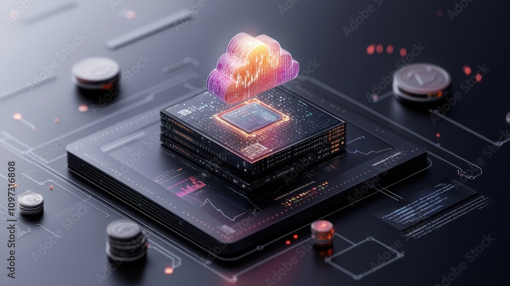 Aufkleber futuristic digital data storage concept with cloud computing, processor, and graphical representatio
