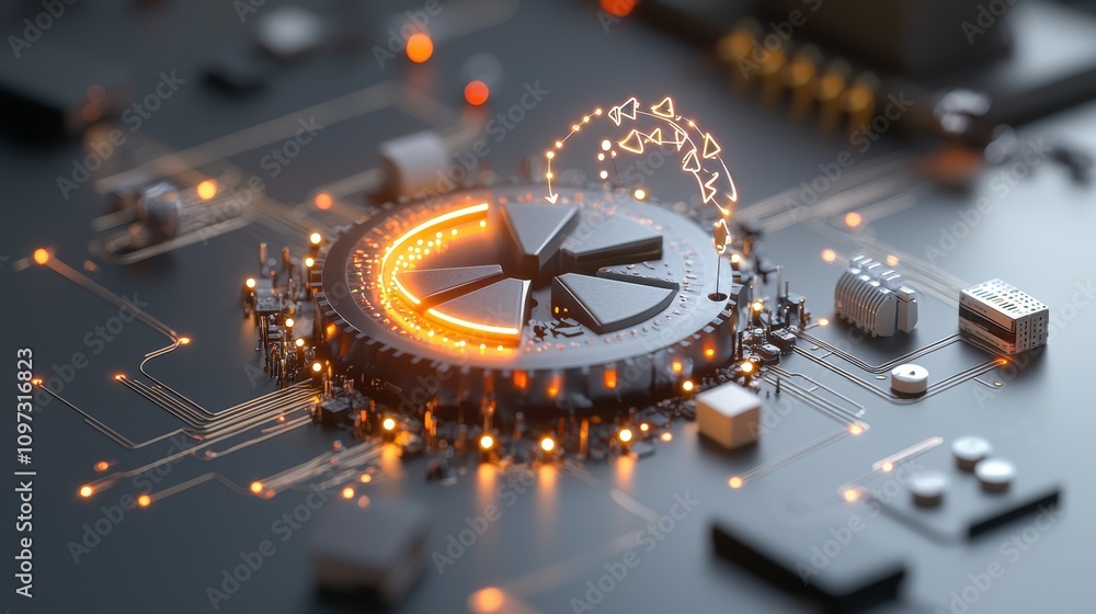 Poster abstract illustration of a futuristic circuit board with glowing elements and intricate patterns sho