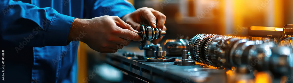 Poster turbocharger installation concept. a person is assembling mechanical parts, showcasing precision and