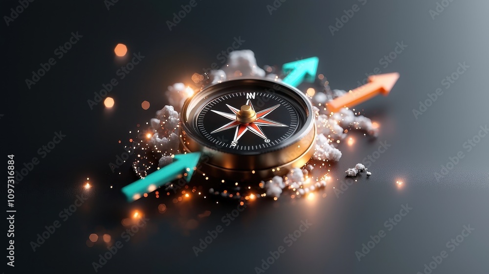 Poster compasses for navigation and direction with arrows and glowing particles representing choices and de