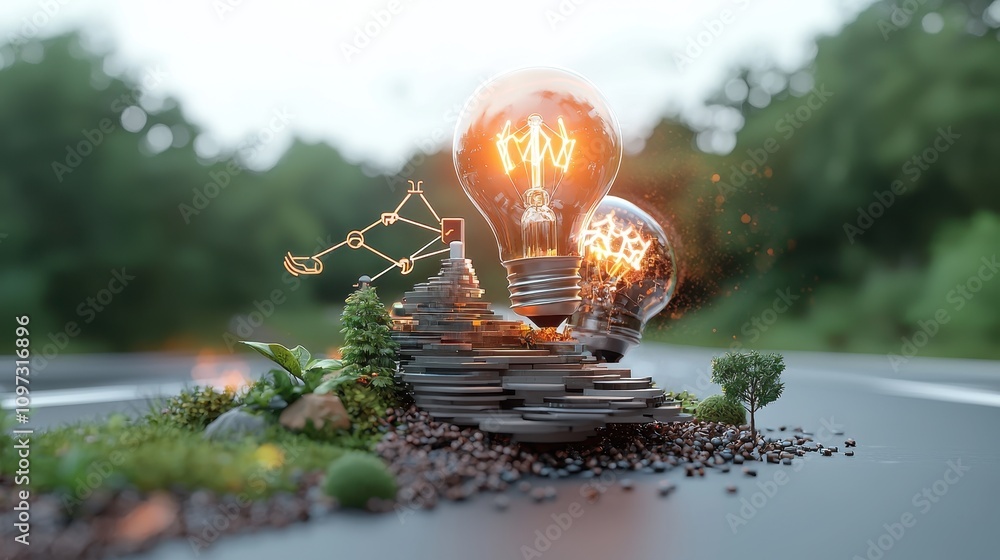 Poster artistic representation of light bulbs emerging from a stone pathway surrounded by lush greenery and