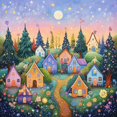 Naklejka premium A whimsical village scene with colorful houses, lush trees, and vibrant flowers, illuminated by a glowing moon under a starry sky.