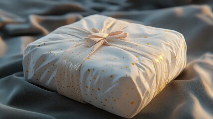 Elegant Gift Wrapped In White Fabric With Gold Dots