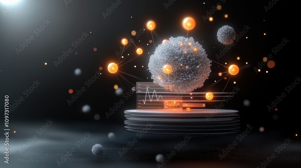 Poster abstract representation of digital data with floating spheres and nodes, symbolizing technology, sci