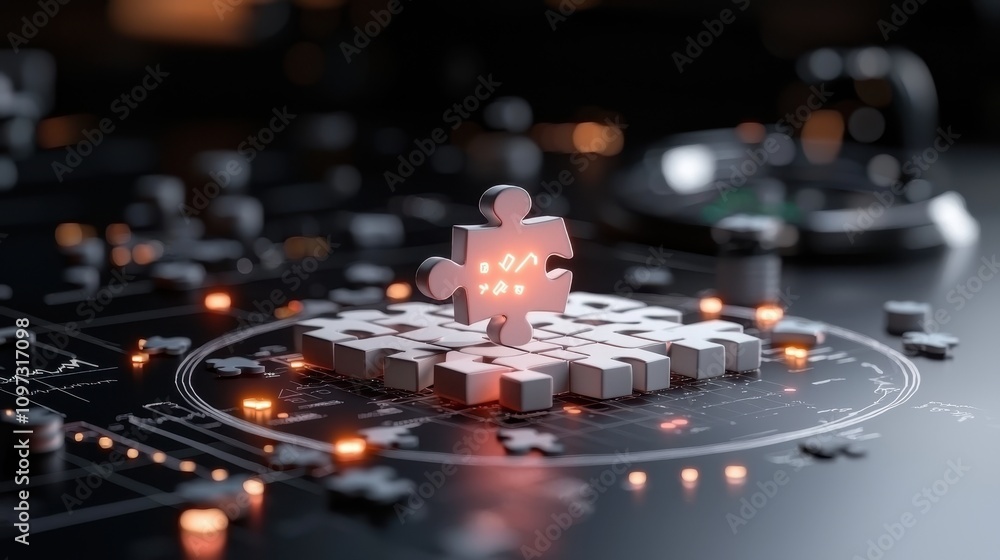 Poster abstract concept of puzzle piece in digital environment representing problem solving, innovation, an