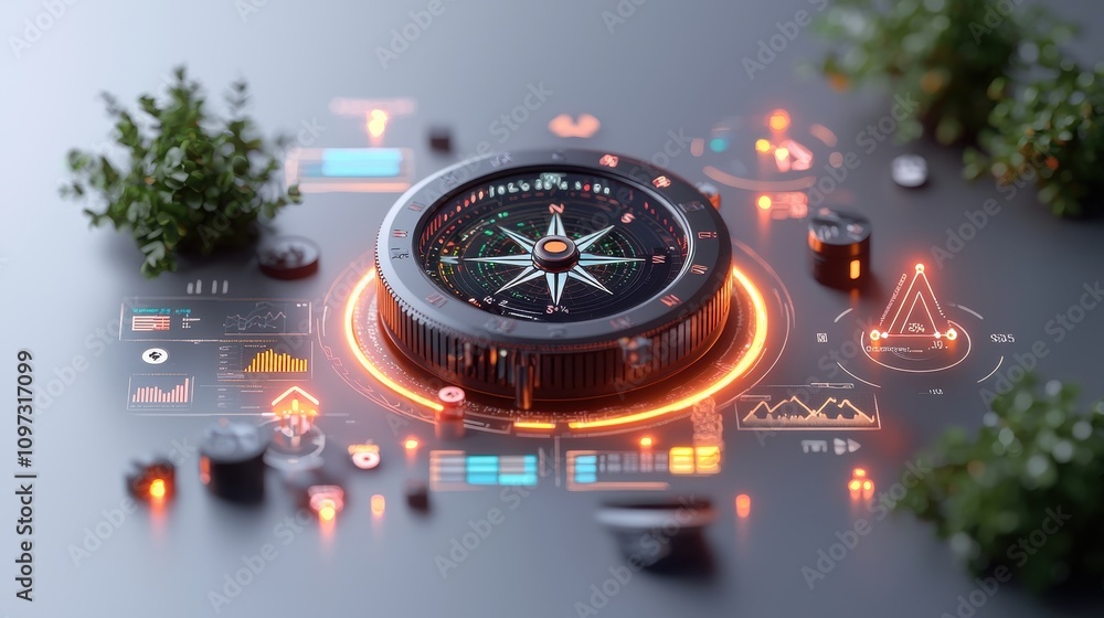 Poster modern compass with digital interface overlay, symbolizing navigation, exploration, and technology i