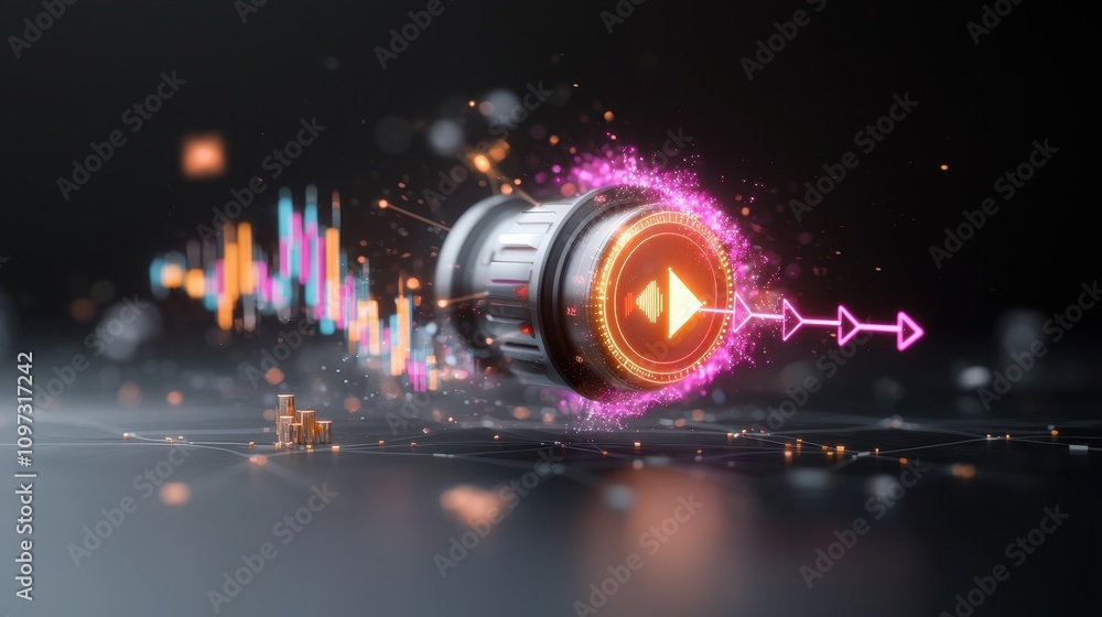 Poster futuristic audio control concept with colorful waves and bright sparks visualizing sound dynamics in