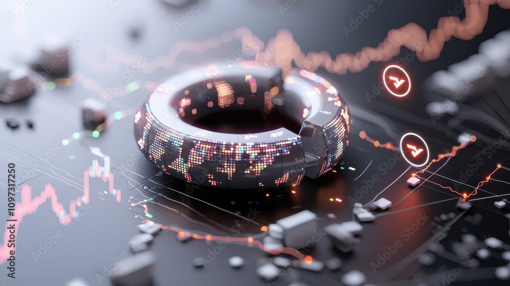 Poster futuristic digital visualization with flowing data and stock market patterns illustrating technologi