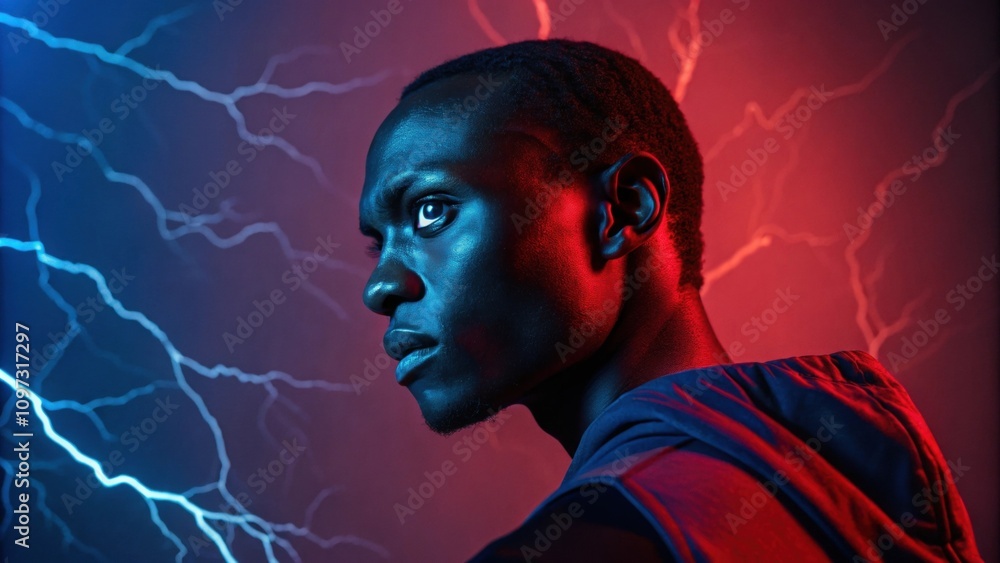 Poster a dynamic image of an individual with intense eyes illuminated by dramatic shadows of deep red and e