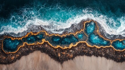 Fototapeta premium Aerial view of a vibrant turquoise ocean meeting rugged black volcanic rock formations, showcasing dramatic contrasts and the raw beauty of nature