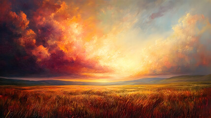 Fototapeta premium Vibrant Sunset Coral Landscape with Fiery Cloudscape and Golden Fields Invoking Joy