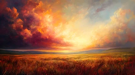 Fototapete Rund Vibrant Sunset Coral Landscape with Fiery Cloudscape and Golden Fields Invoking Joy © HNXS Digital Art