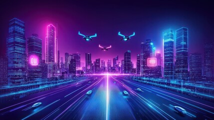 Obraz premium A vibrant, futuristic cityscape featuring glowing skyscrapers, neon lights, and flying drones, creating a dynamic atmosphere of technological advancement.