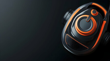Sleek black and orange futuristic device on dark background.