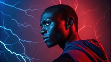 Fototapeta premium A dynamic image of an individual with intense eyes illuminated by dramatic shadows of deep red and electric blue. The shadows create a sense of movement and energy adding to the