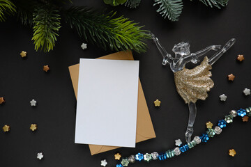 christmas card for children. ballerina and nutcracker figurine on christmas tree © Palanga