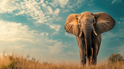 Obraz premium Majestic elephant with large ears standing in grassy field under cloudy sky