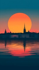Naklejka premium An illustration of a vibrant sunset in Stockholm capturing the city’s iconic skyline and the warm colors of the sky blending into the water for smartphone wallpaper