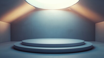 Two-tiered Circular Platform in a Minimalist Room with a Circular Ceiling Light