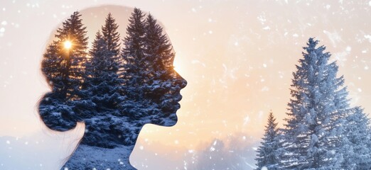 Silhouette of woman with forest landscape, winter scene, sunset glow, double exposure effect, serene atmosphere