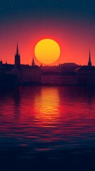 Naklejka premium An illustration of a vibrant sunset in Stockholm capturing the city’s iconic skyline and the warm colors of the sky blending into the water for smartphone wallpaper