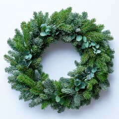 A sticker of a holiday wreath made of fresh evergreen branches, isolated on white background 