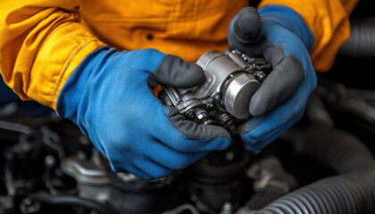Turbocharger Installation Concept. A mechanic in blue gloves inspects a car part, showcasing attention to detail and expertise in automotive repair.