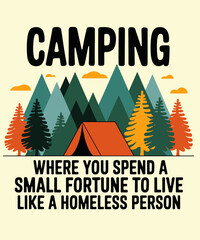 camping where you spend a small fortune, funny illustration