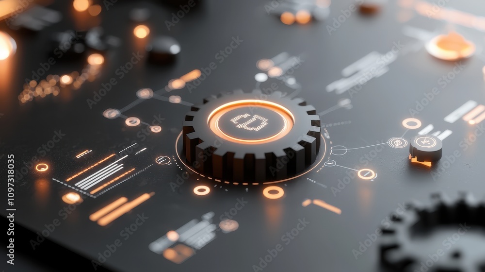 Poster high-tech control panel with illuminated gear and digital interface elements perfect for futuristic 