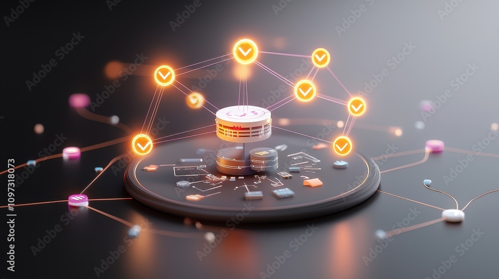 Poster futuristic data network concept with interconnected nodes and communication symbols on a dark backgr