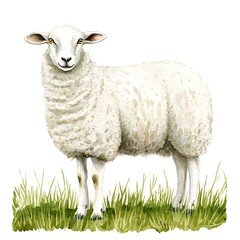 Obraz premium Watercolor Painting of a White Sheep Standing in Green Grass.