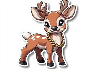 A sticker of a reindeer breakdancing with a gold chain around its neck, isolated on white background 