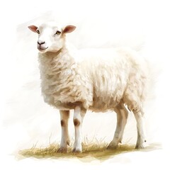 Fototapeta premium A charming watercolor painting of a fluffy white sheep standing in a field.