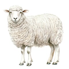 Fototapeta premium Watercolor Painting of a Fluffy White Sheep Standing on a White Background.
